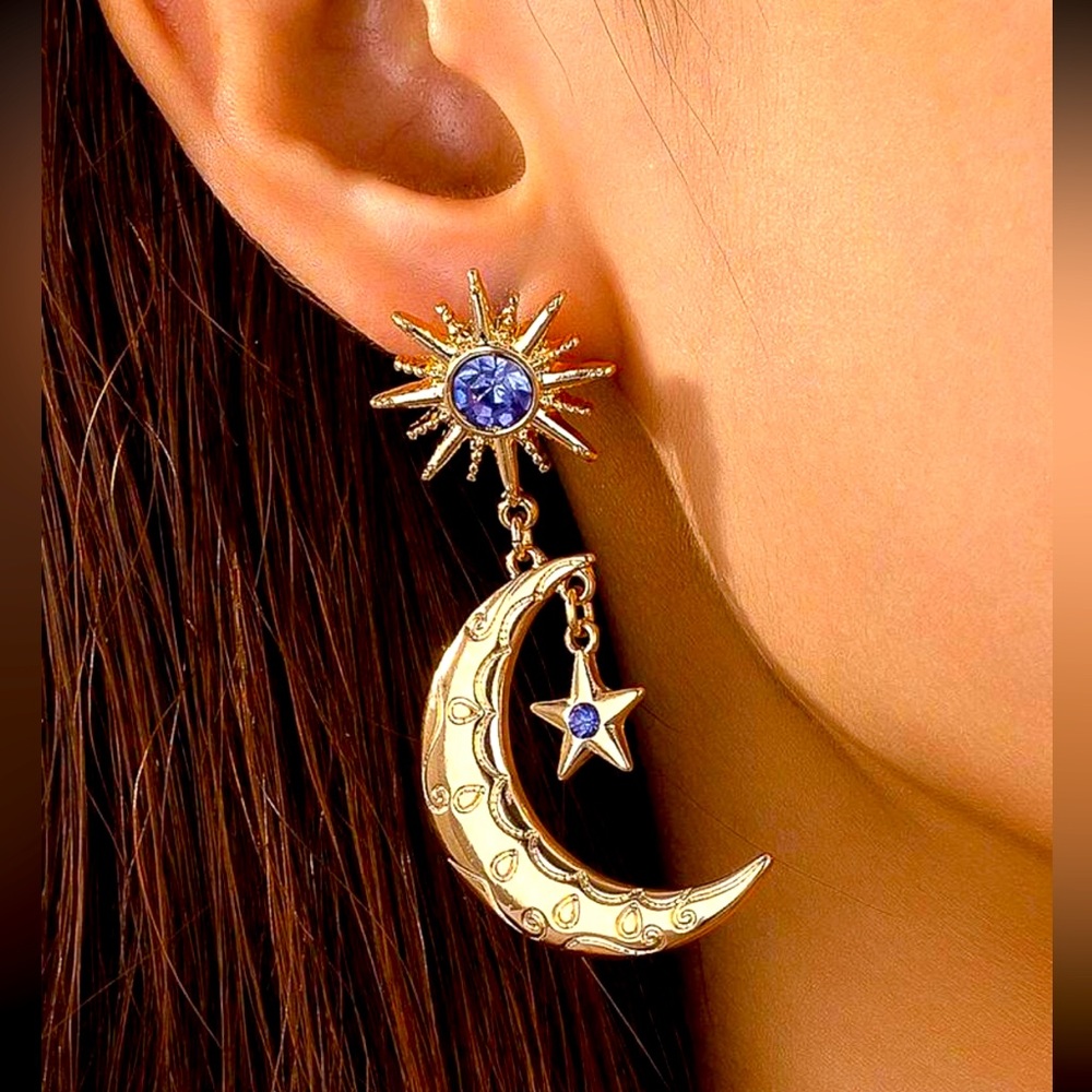 Star & Moon, Purple Crystals Long Dangle, Celestial Gold tone Earrings